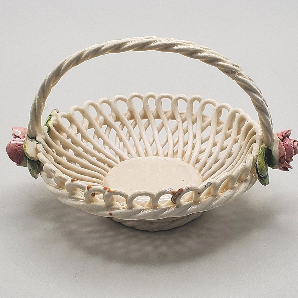 Vintage Capodimonte Style Woven Basket with Floral Accents Made In Italy